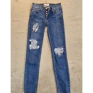 Free People Distressed Button Fly Jeans W24 High Rise Raw Hem Straight Leg Y2K